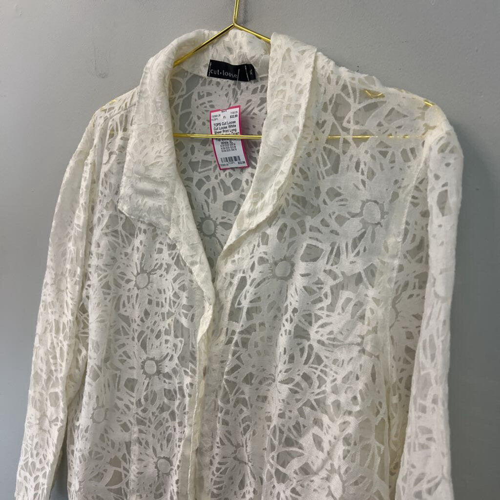 Cut Loose White Sheer Print Long Sleeve Button Down Top Extra Large
