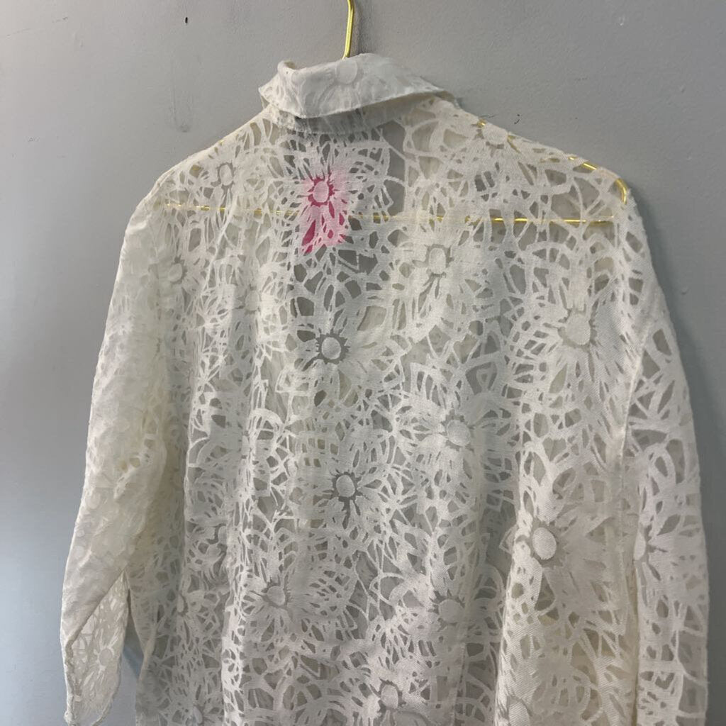 Cut Loose White Sheer Print Long Sleeve Button Down Top Extra Large