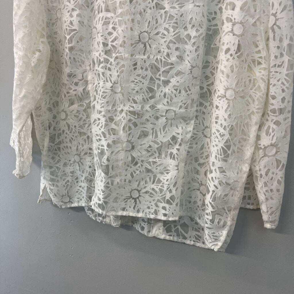 Cut Loose White Sheer Print Long Sleeve Button Down Top Extra Large