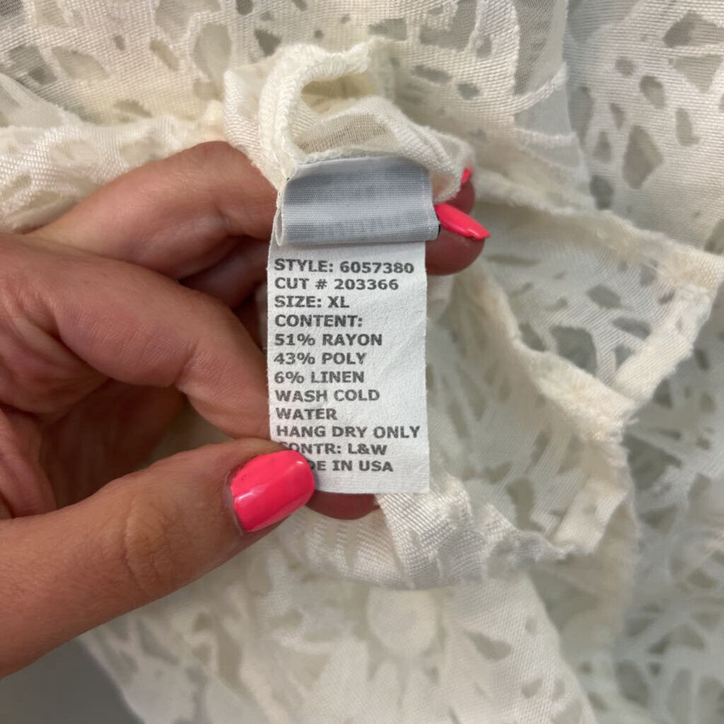 Cut Loose White Sheer Print Long Sleeve Button Down Top Extra Large