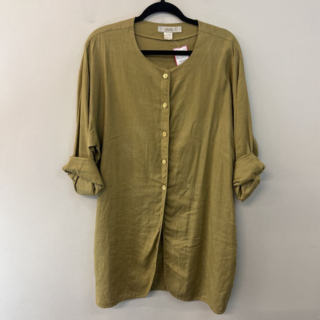 Tweeds Green 100% Linen Long Sleeve Button Front Tunic Top Large