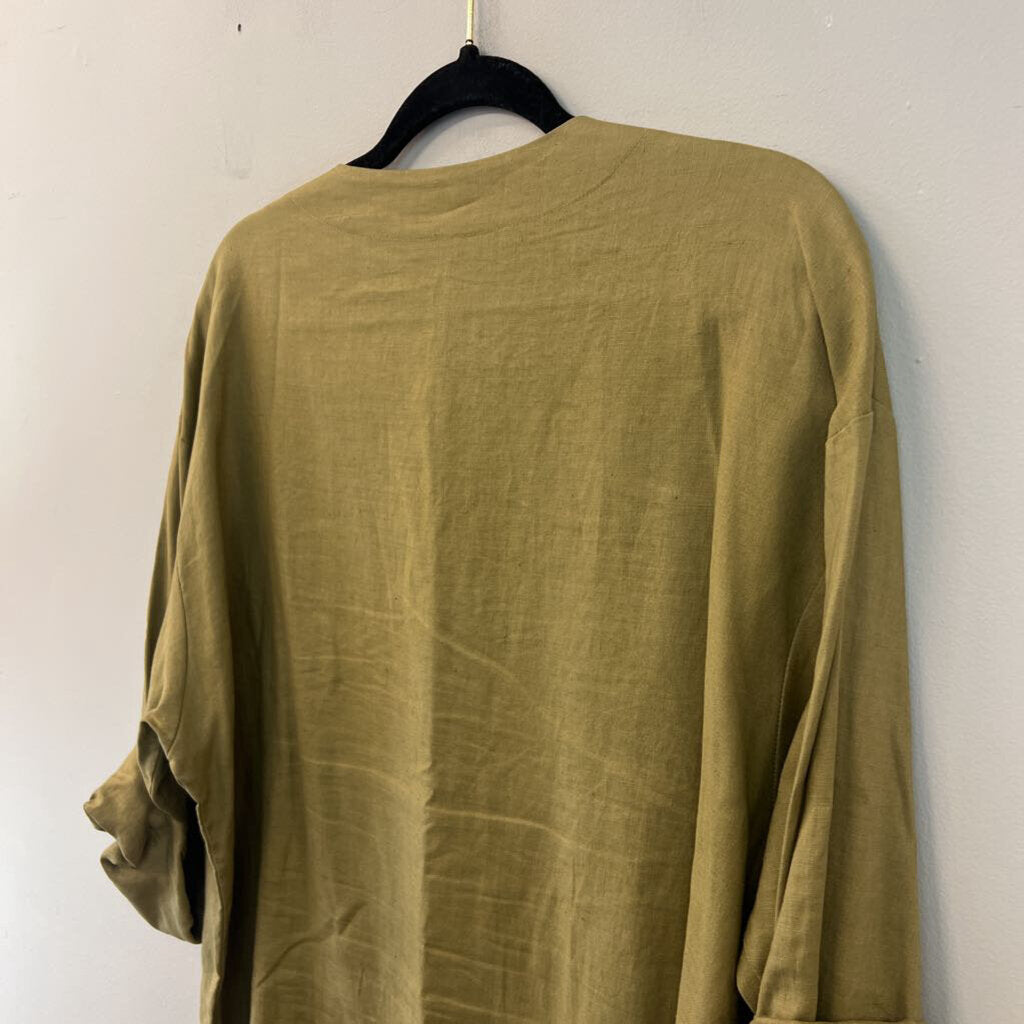 Tweeds Green 100% Linen Long Sleeve Button Front Tunic Top Large