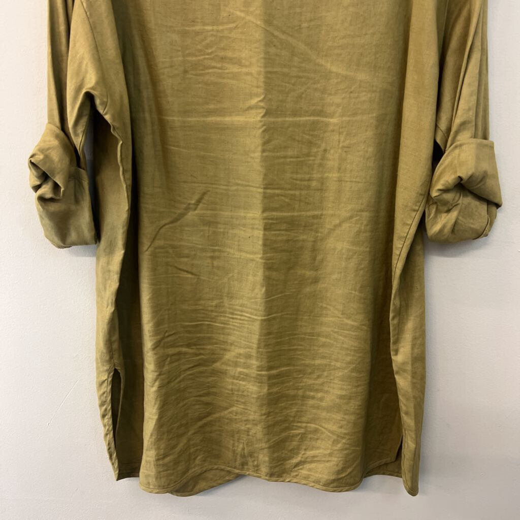 Tweeds Green 100% Linen Long Sleeve Button Front Tunic Top Large