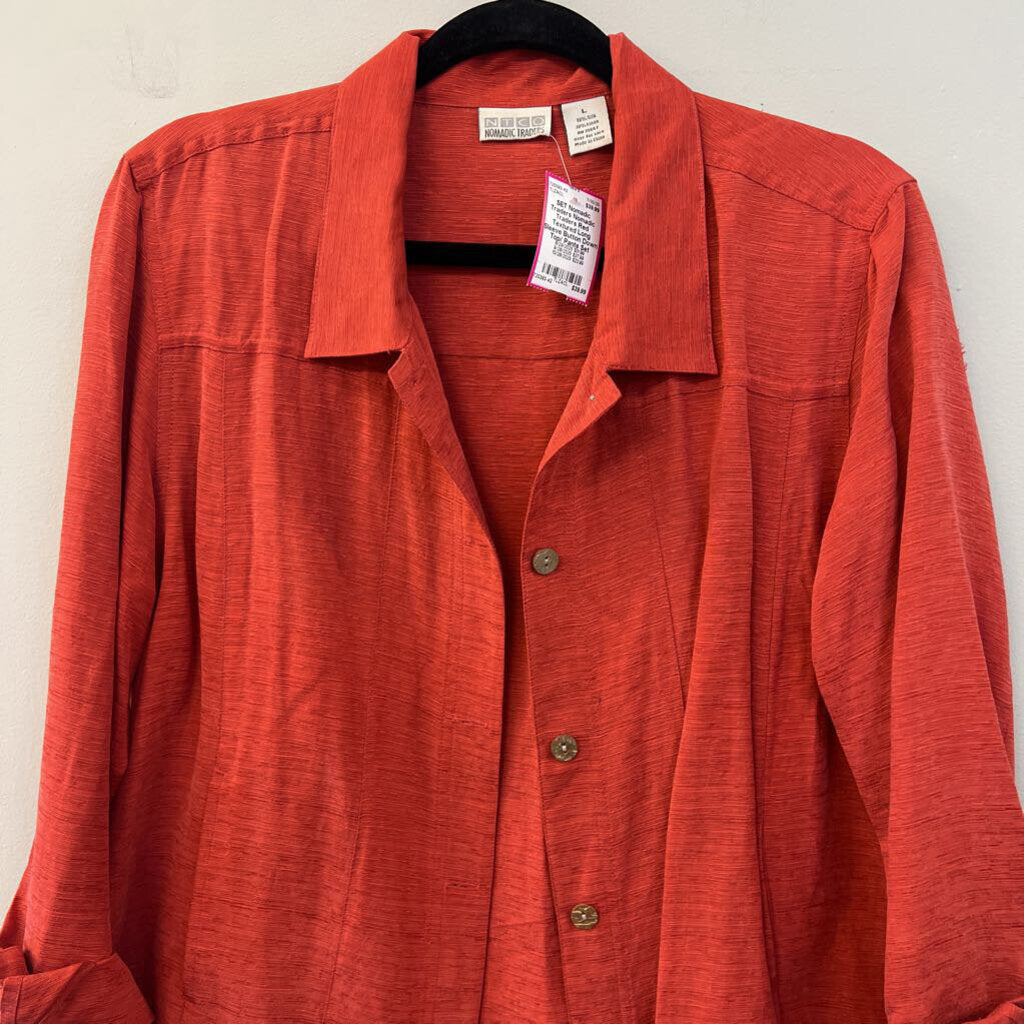 Nomadic Traders Red Textured Long Sleeve Button Down Top/ Pants Set Large