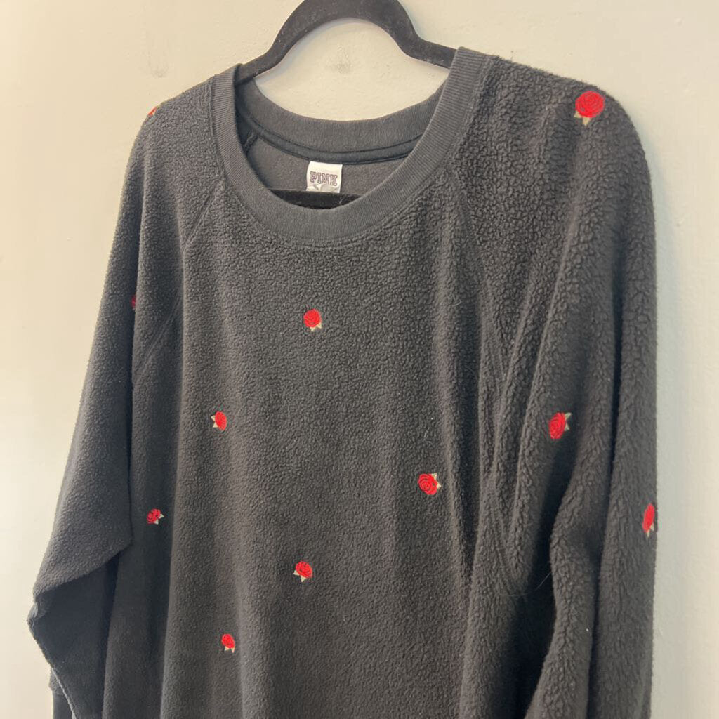 Pink Black Fuzzy Embroidered Rose Long Sleeve Pullover Large
