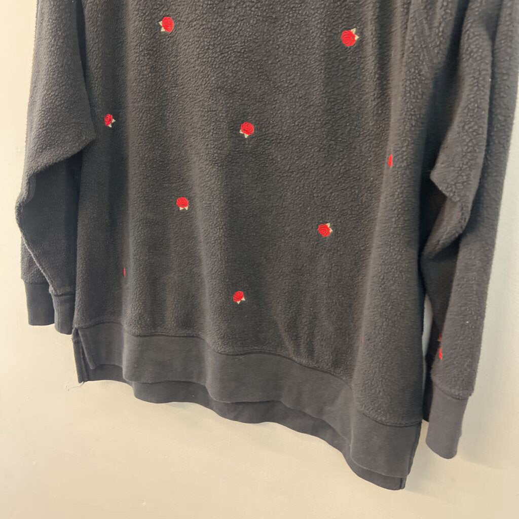 Pink Black Fuzzy Embroidered Rose Long Sleeve Pullover Large