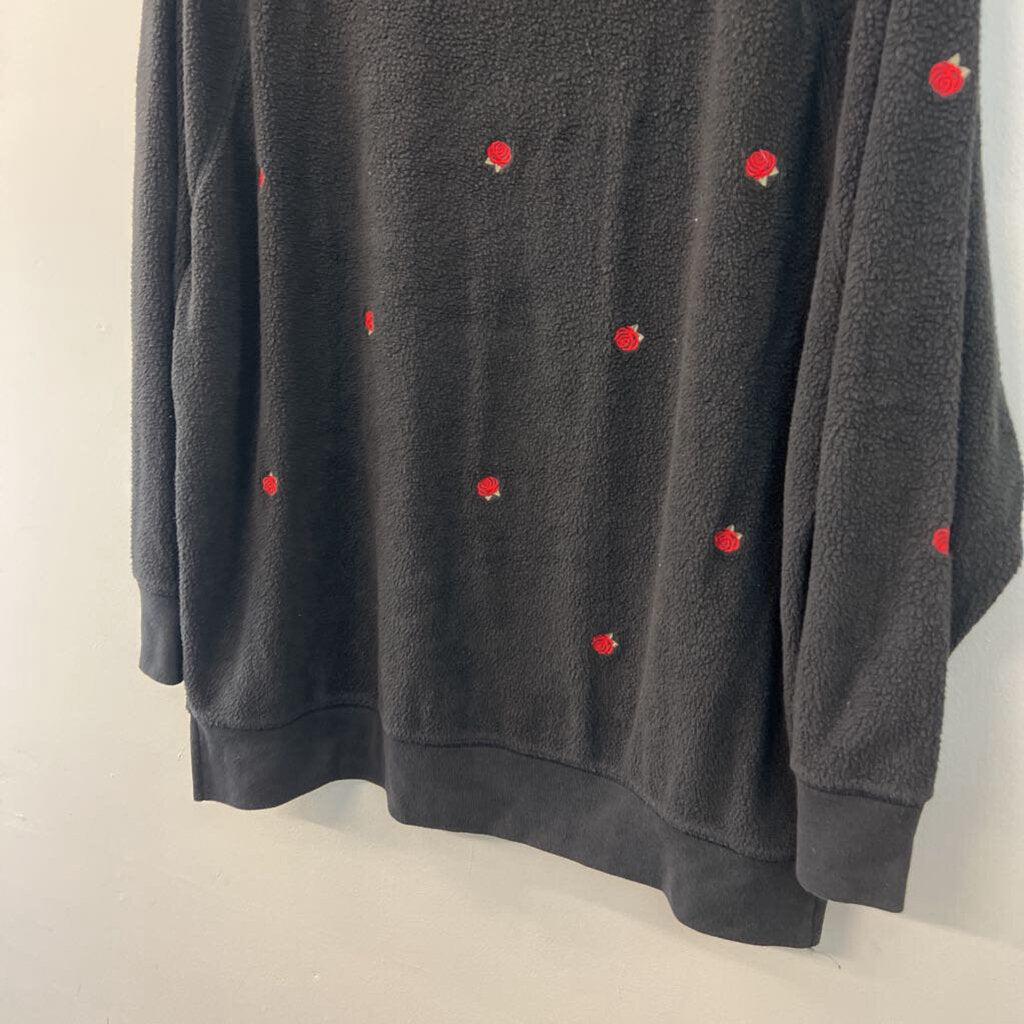 Pink Black Fuzzy Embroidered Rose Long Sleeve Pullover Large