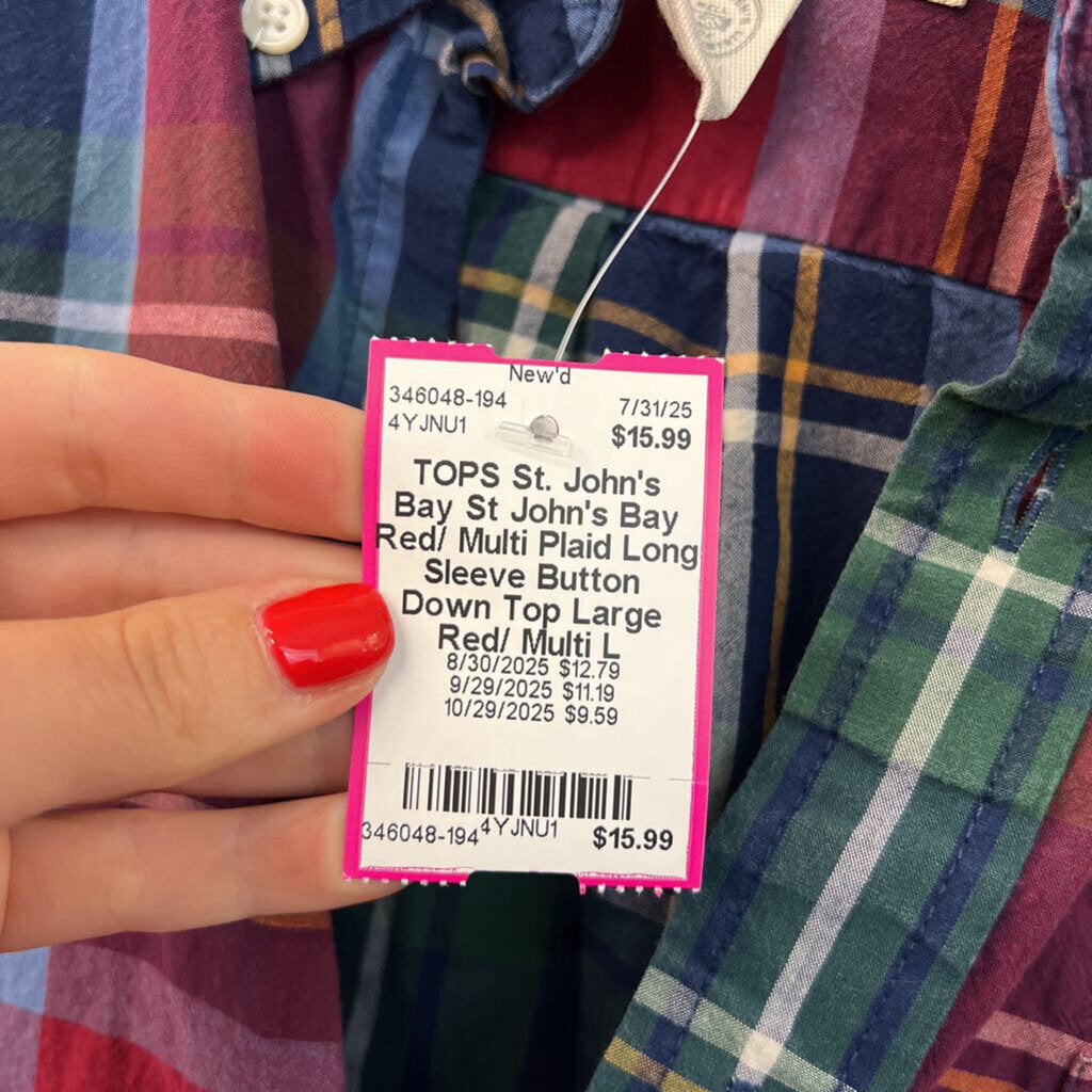 St John's Bay Red/ Multi Plaid Long Sleeve Button Down Top Large