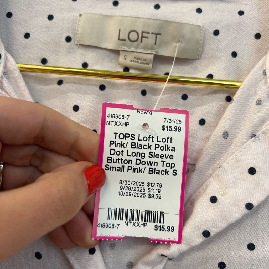 Loft Pink/ Black Polka Dot Long Sleeve Button Down Top Small