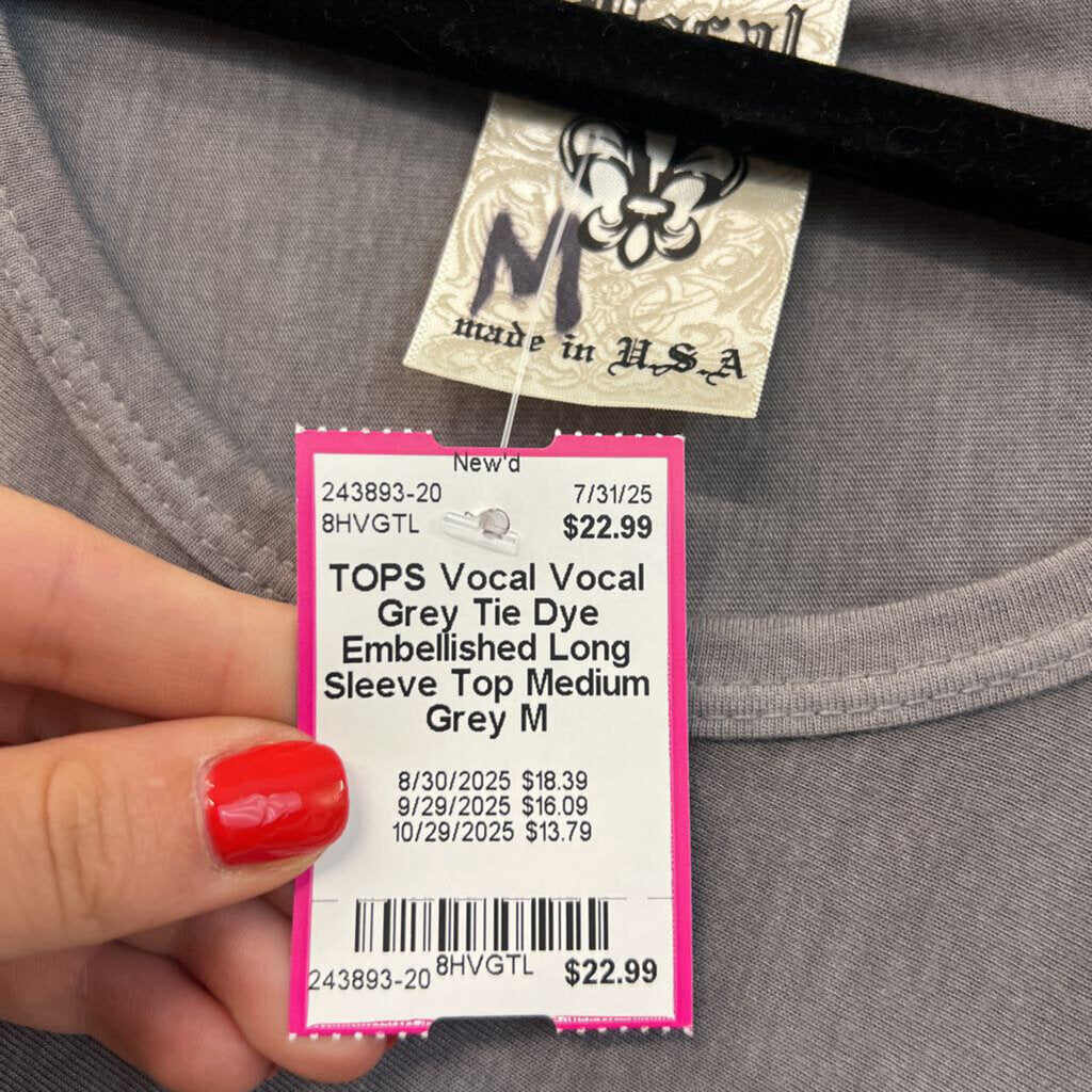 Vocal Grey Tie Dye Embellished Long Sleeve Top Medium