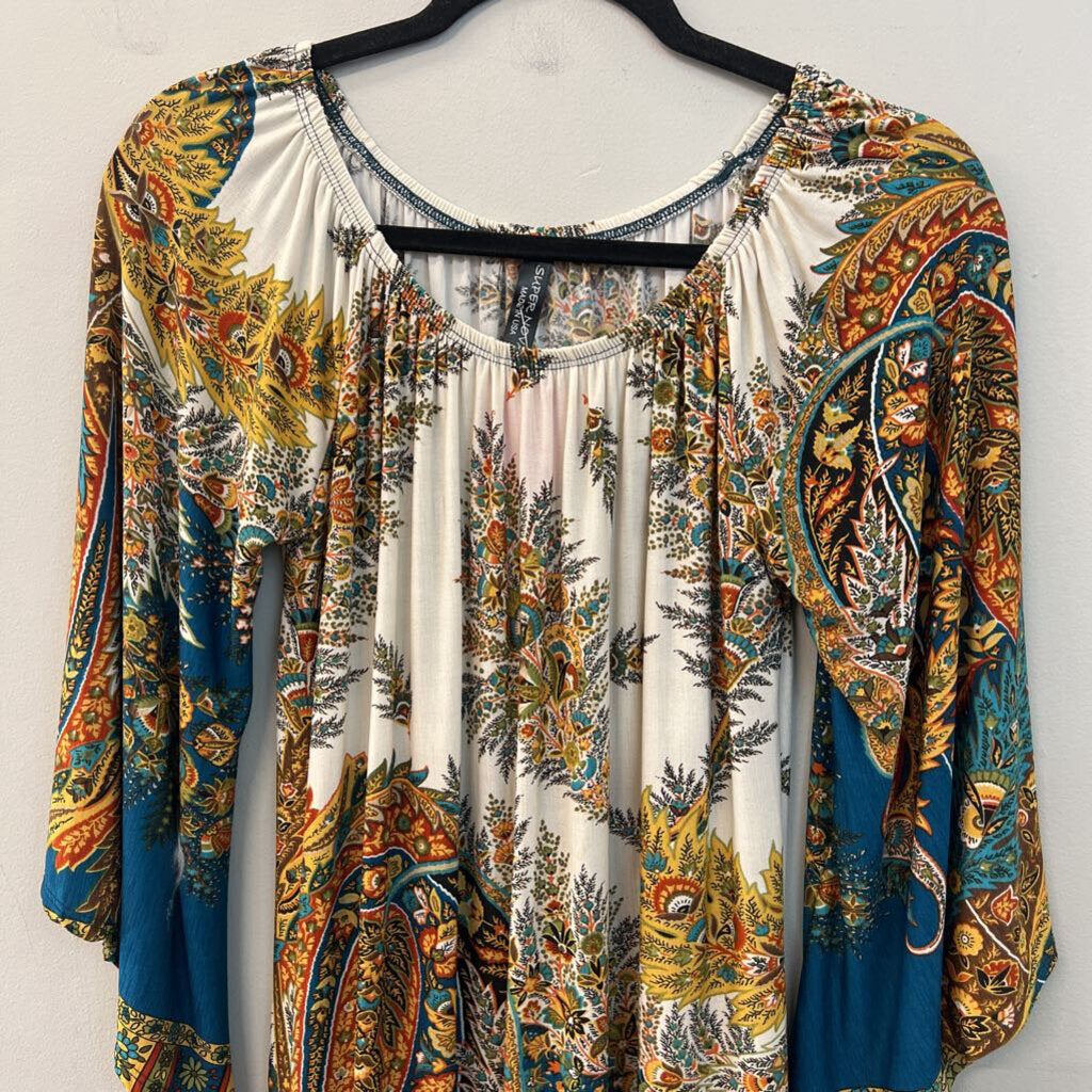 Super Nova White/ Multi Print Long Sleeve Fringe Hem Dress Small