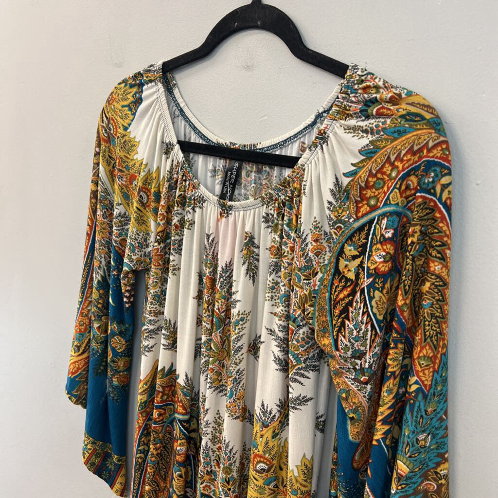 Super Nova White/ Multi Print Long Sleeve Fringe Hem Dress Small