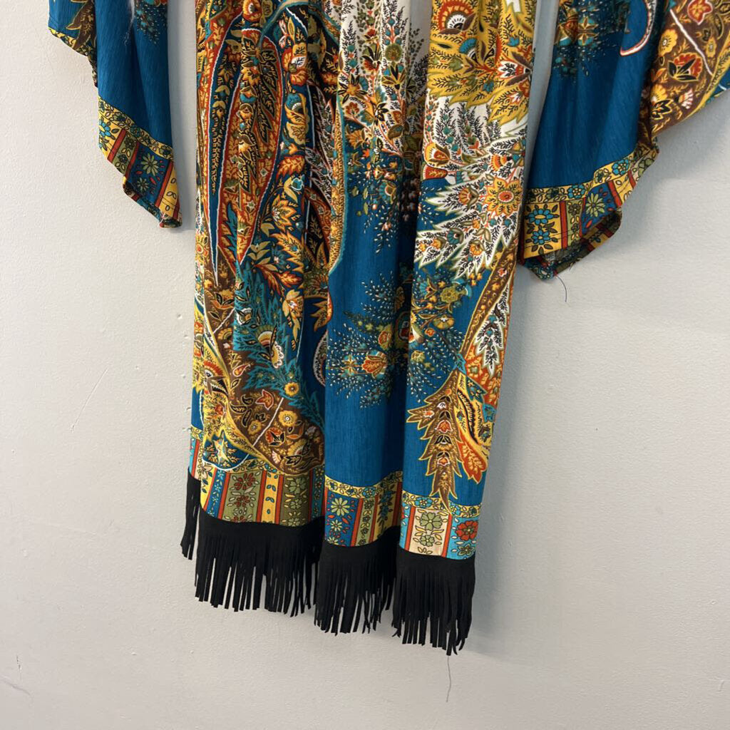 Super Nova White/ Multi Print Long Sleeve Fringe Hem Dress Small