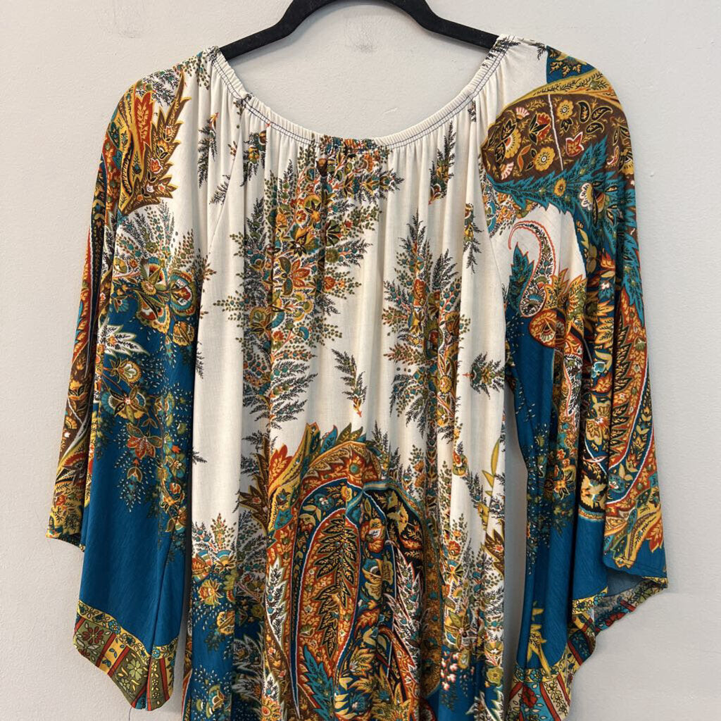 Super Nova White/ Multi Print Long Sleeve Fringe Hem Dress Small