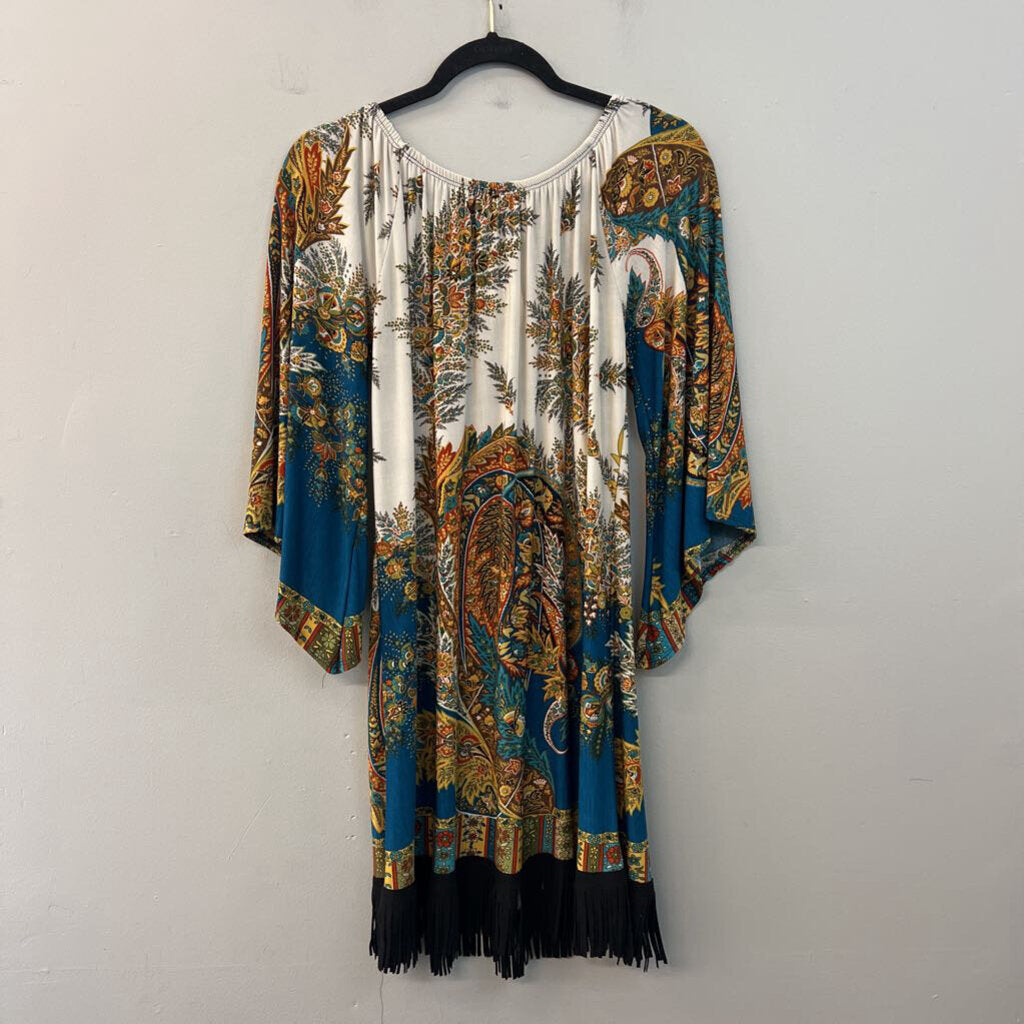 Super Nova White/ Multi Print Long Sleeve Fringe Hem Dress Small