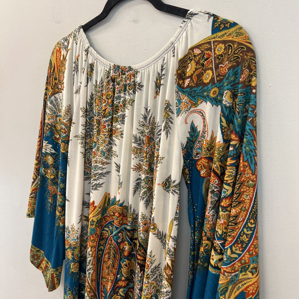 Super Nova White/ Multi Print Long Sleeve Fringe Hem Dress Small