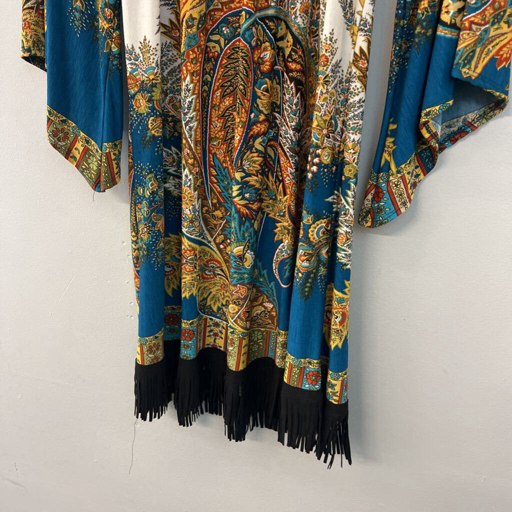 Super Nova White/ Multi Print Long Sleeve Fringe Hem Dress Small