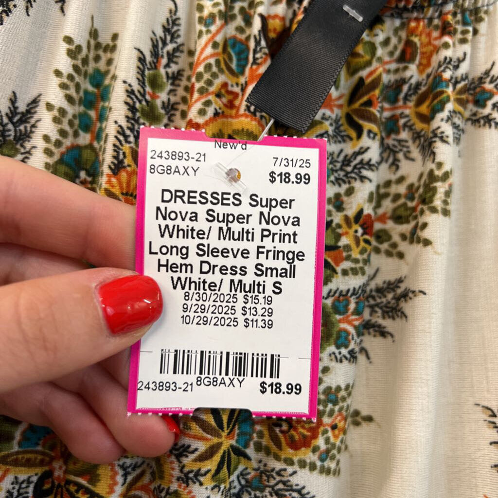 Super Nova White/ Multi Print Long Sleeve Fringe Hem Dress Small
