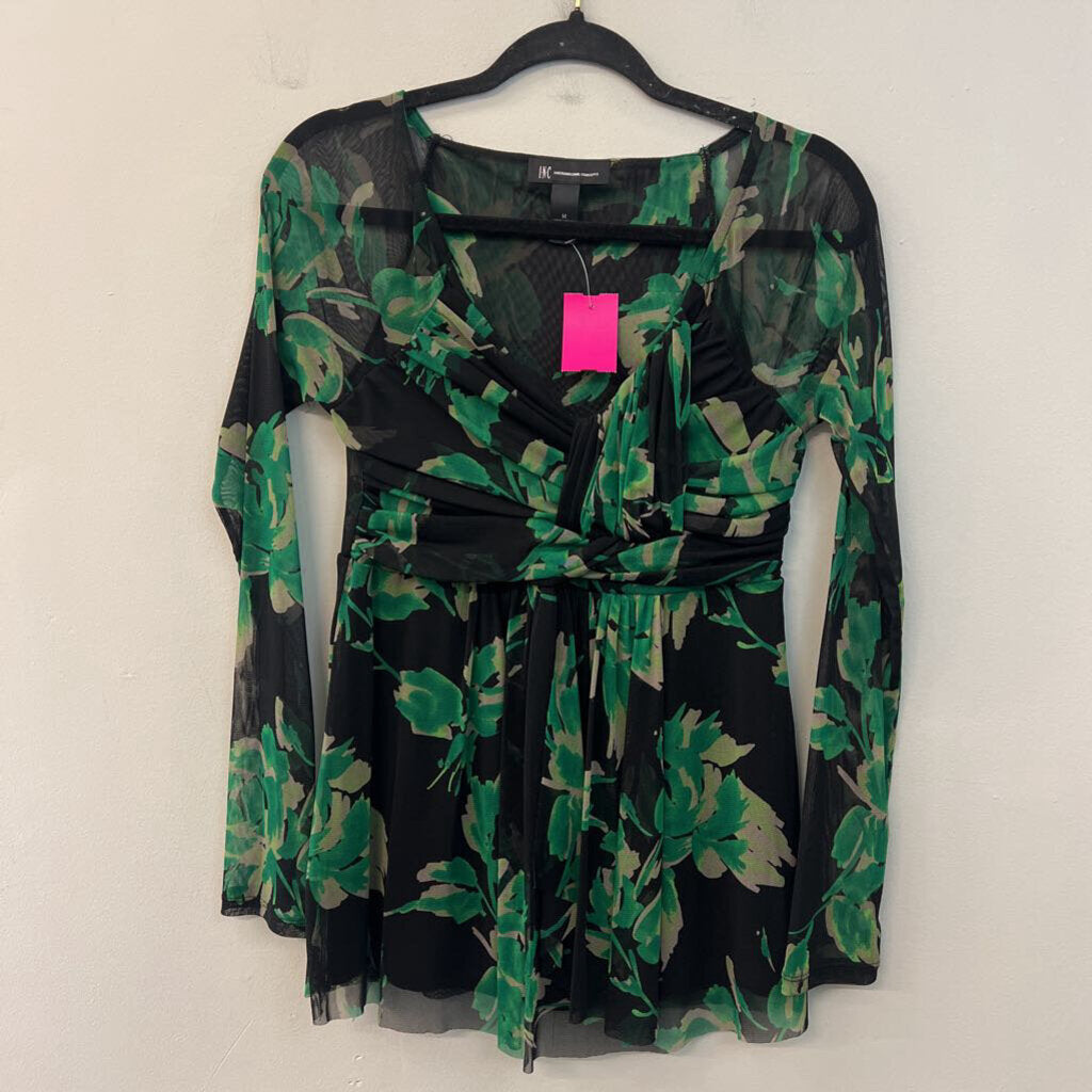 INC Black/ Green Print Long Sleeve Top Medium
