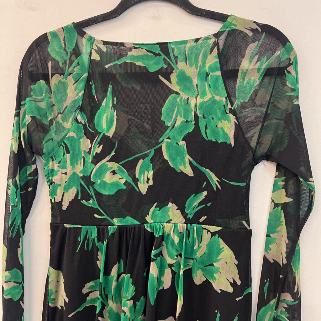 INC Black/ Green Print Long Sleeve Top Medium