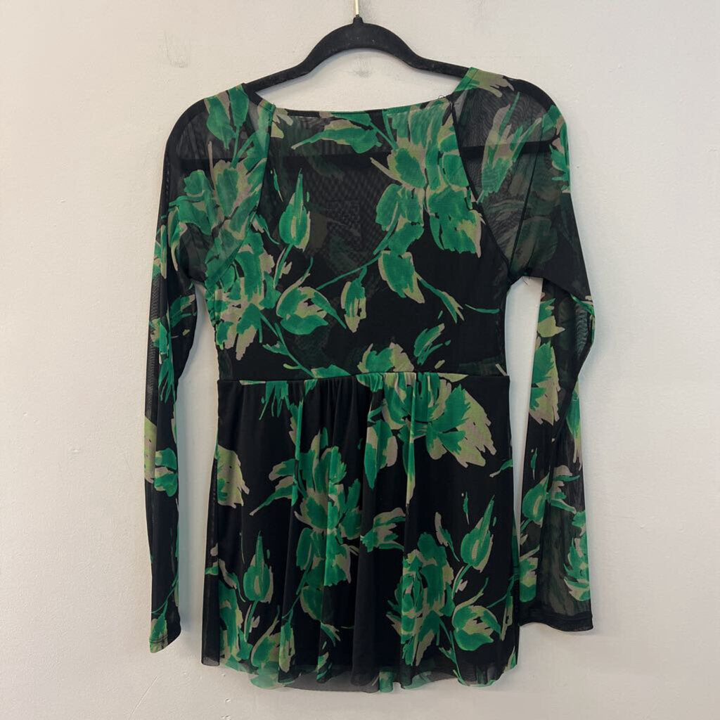 INC Black/ Green Print Long Sleeve Top Medium