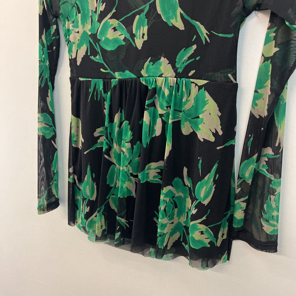 INC Black/ Green Print Long Sleeve Top Medium