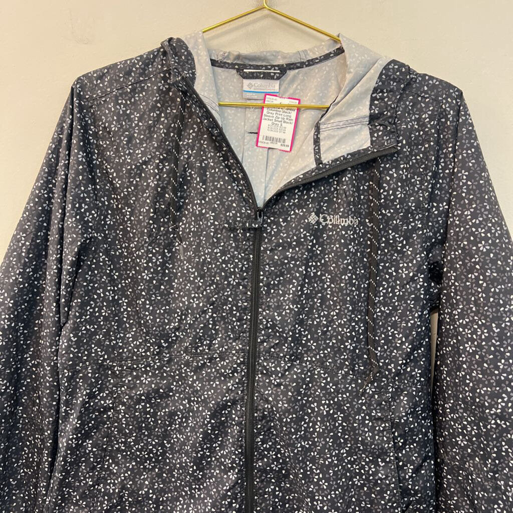 Columbia Black/ Grey Print Long Sleeve Zip Up Rain Jacket Small