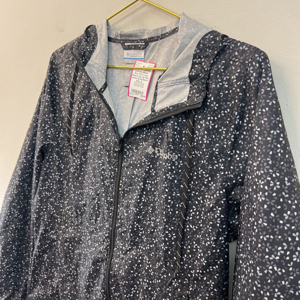 Columbia Black/ Grey Print Long Sleeve Zip Up Rain Jacket Small