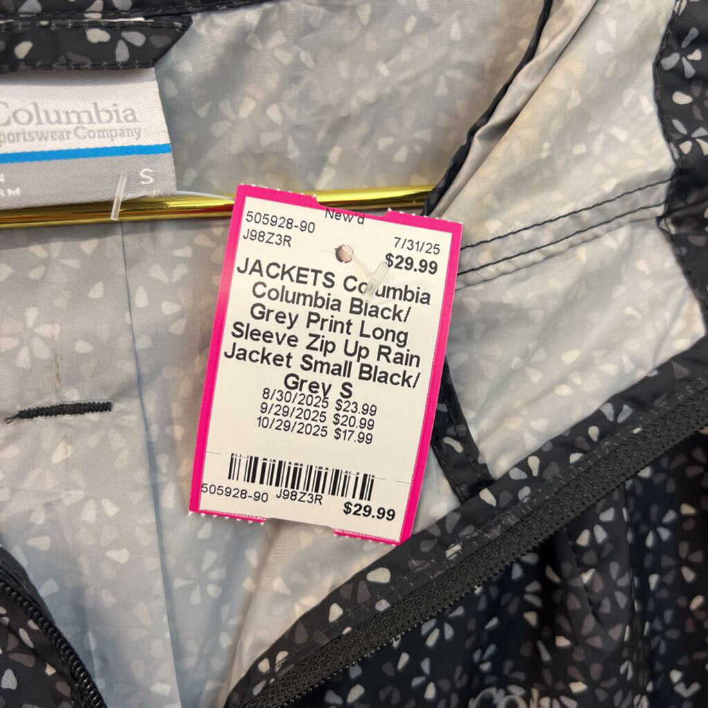 Columbia Black/ Grey Print Long Sleeve Zip Up Rain Jacket Small