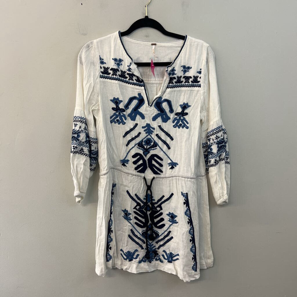 Free People White/ Blue Embroidered Long Sleeve Tunic Top Small