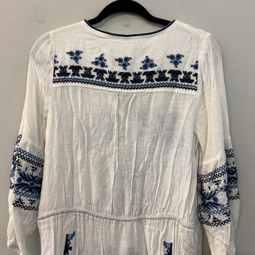 Free People White/ Blue Embroidered Long Sleeve Tunic Top Small