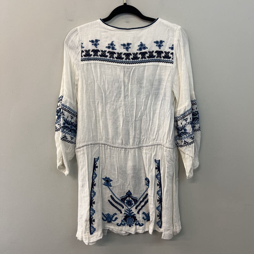 Free People White/ Blue Embroidered Long Sleeve Tunic Top Small