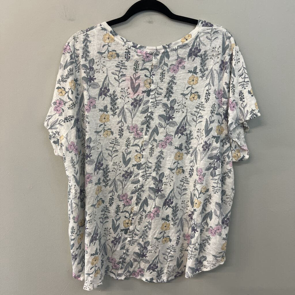 Rachel Ashwell White/ Multi Flower Print Short Sleeve Top 3X