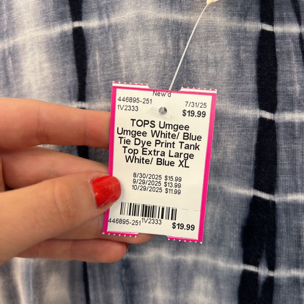 Umgee White/ Blue Tie Dye Print Tank Top Extra Large