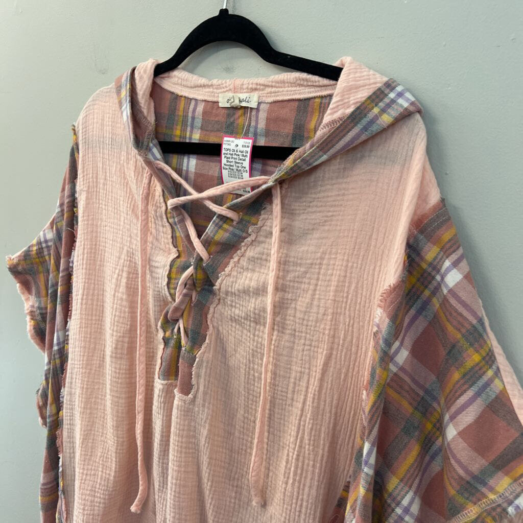 Oli and Hali Pink/ Multi Plaid Print Detail Short Sleeve Hooded Top One Size