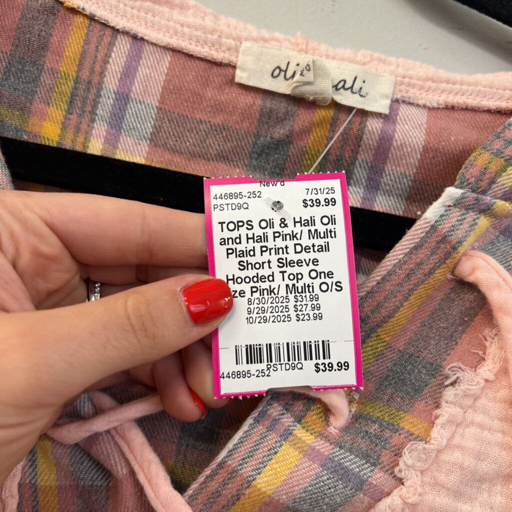 Oli and Hali Pink/ Multi Plaid Print Detail Short Sleeve Hooded Top One Size