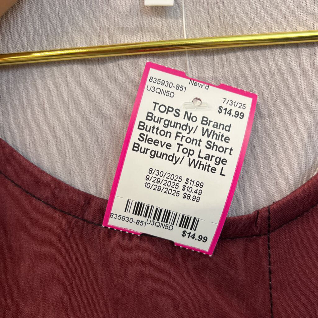 Burgundy/ White Button Front Short Sleeve Top Large