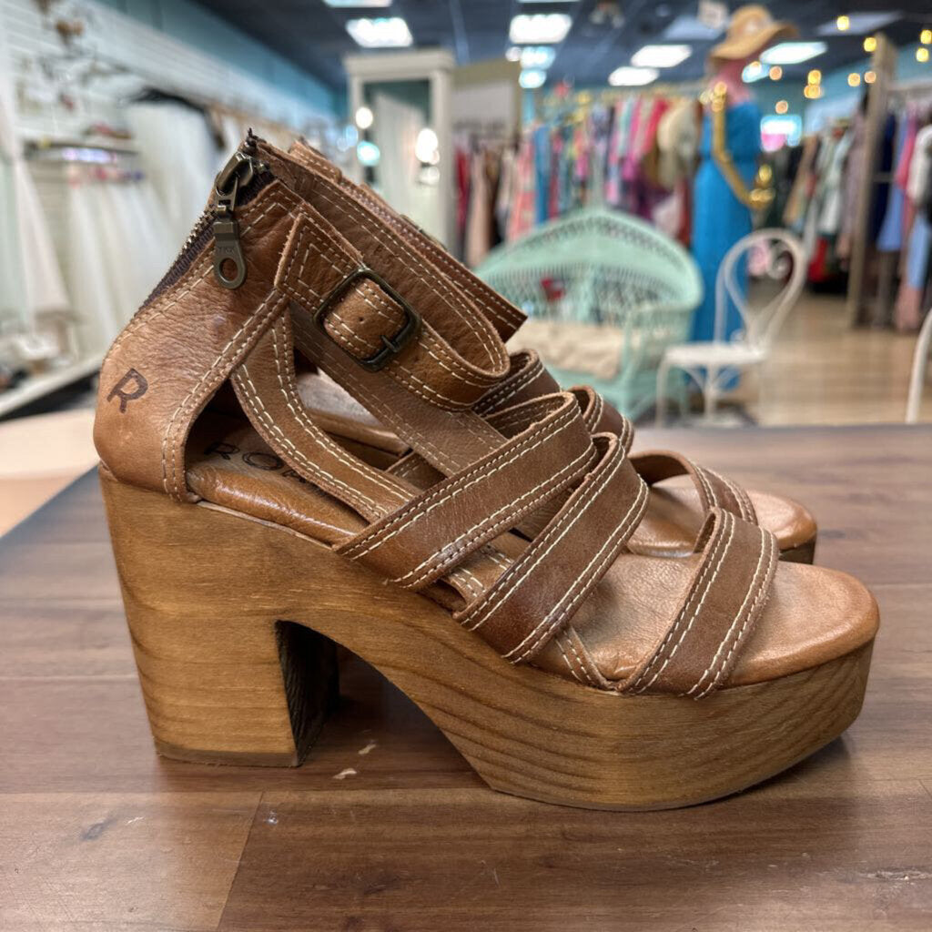 Roan Brown Leather Wood Platform Corey Heels 8.5