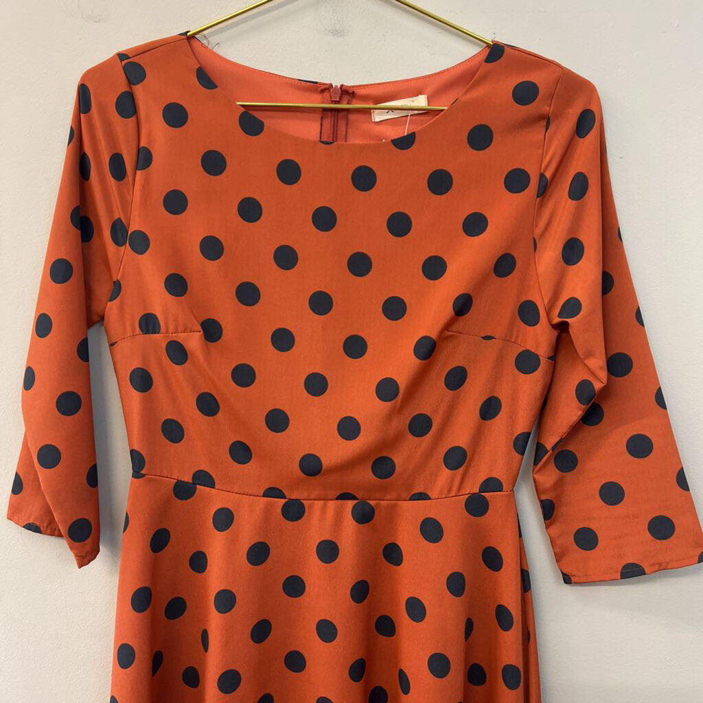 Everly Orange/ Navy Polka Dot Long Sleeve Dress Small