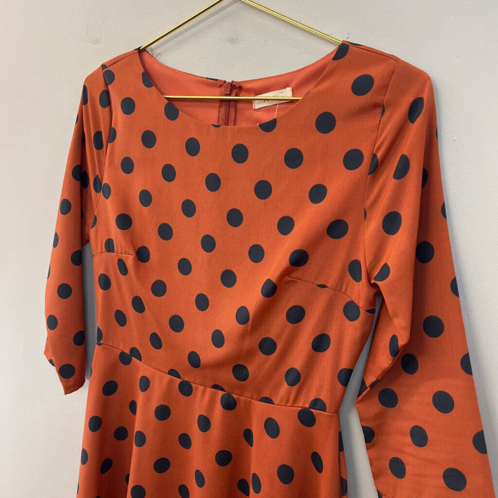 Everly Orange/ Navy Polka Dot Long Sleeve Dress Small