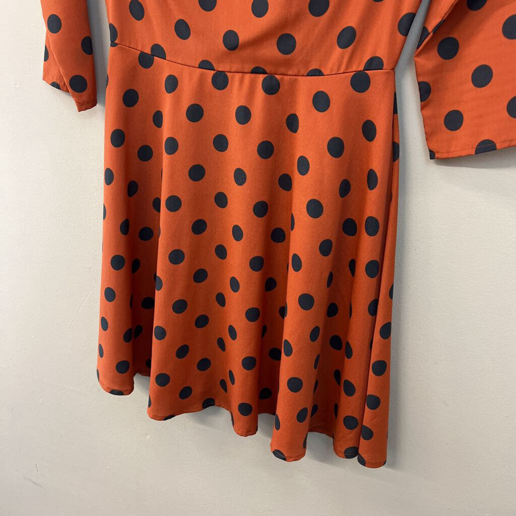 Everly Orange/ Navy Polka Dot Long Sleeve Dress Small