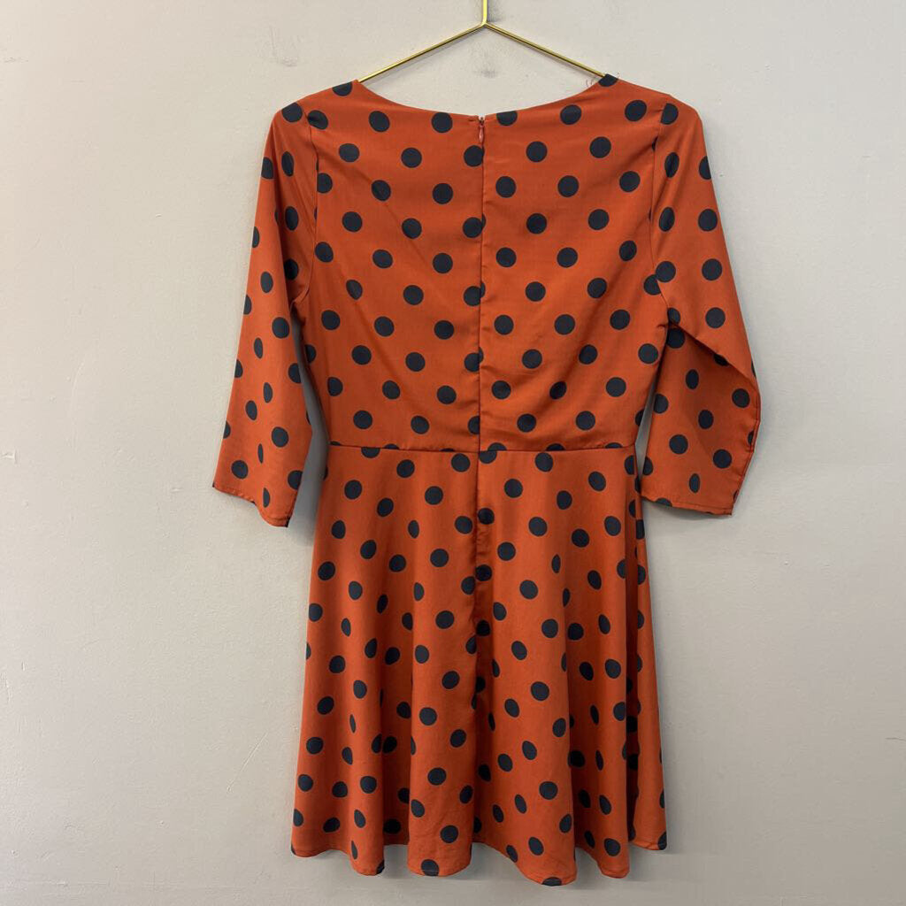 Everly Orange/ Navy Polka Dot Long Sleeve Dress Small