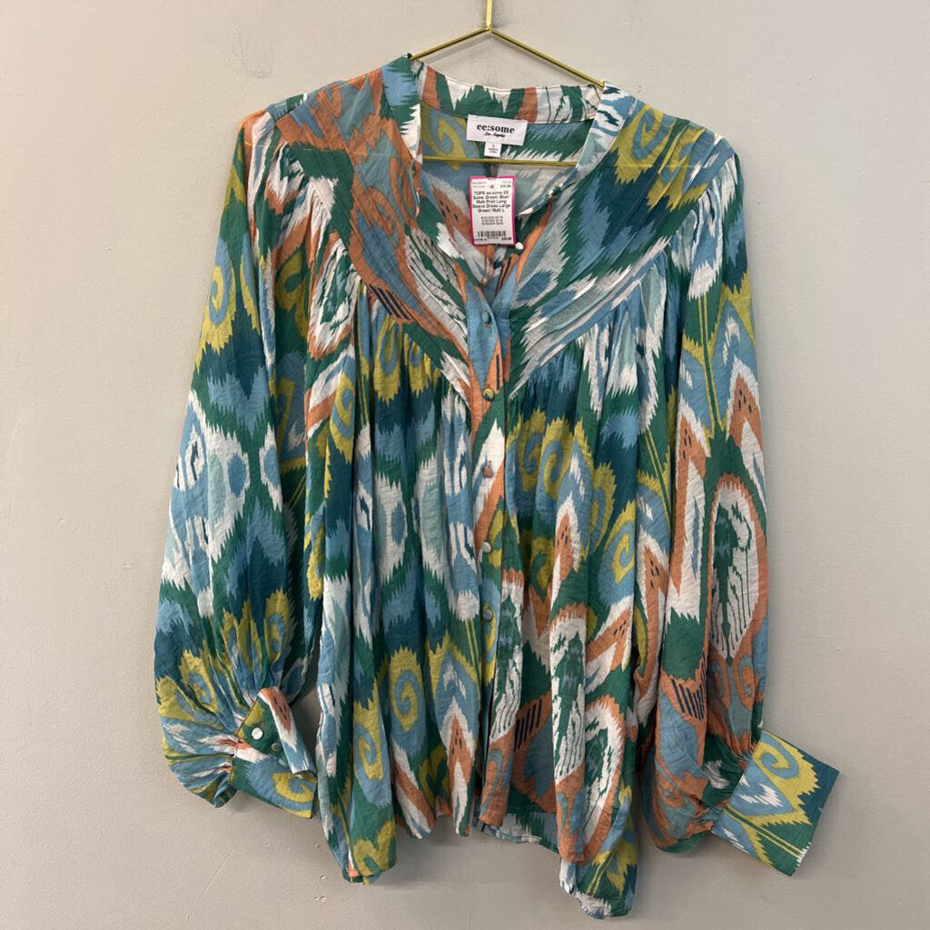 EE Some Green/ Blue/ Multi Print Long Sleeve Dress Large