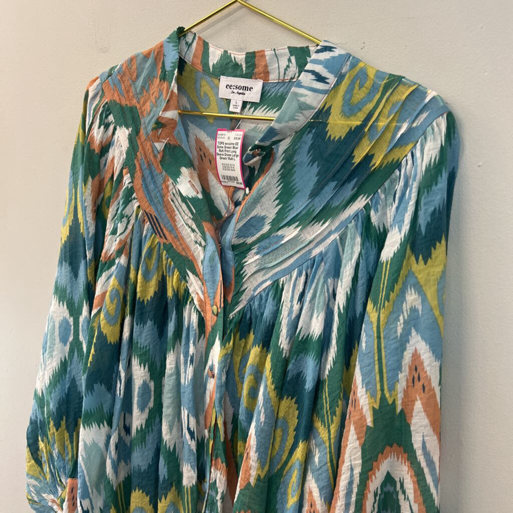 EE Some Green/ Blue/ Multi Print Long Sleeve Dress Large