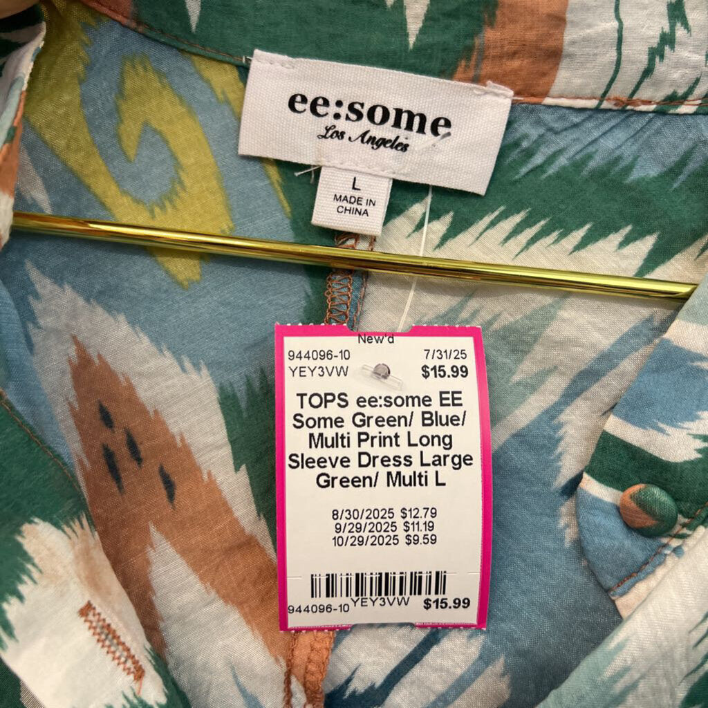 EE Some Green/ Blue/ Multi Print Long Sleeve Dress Large