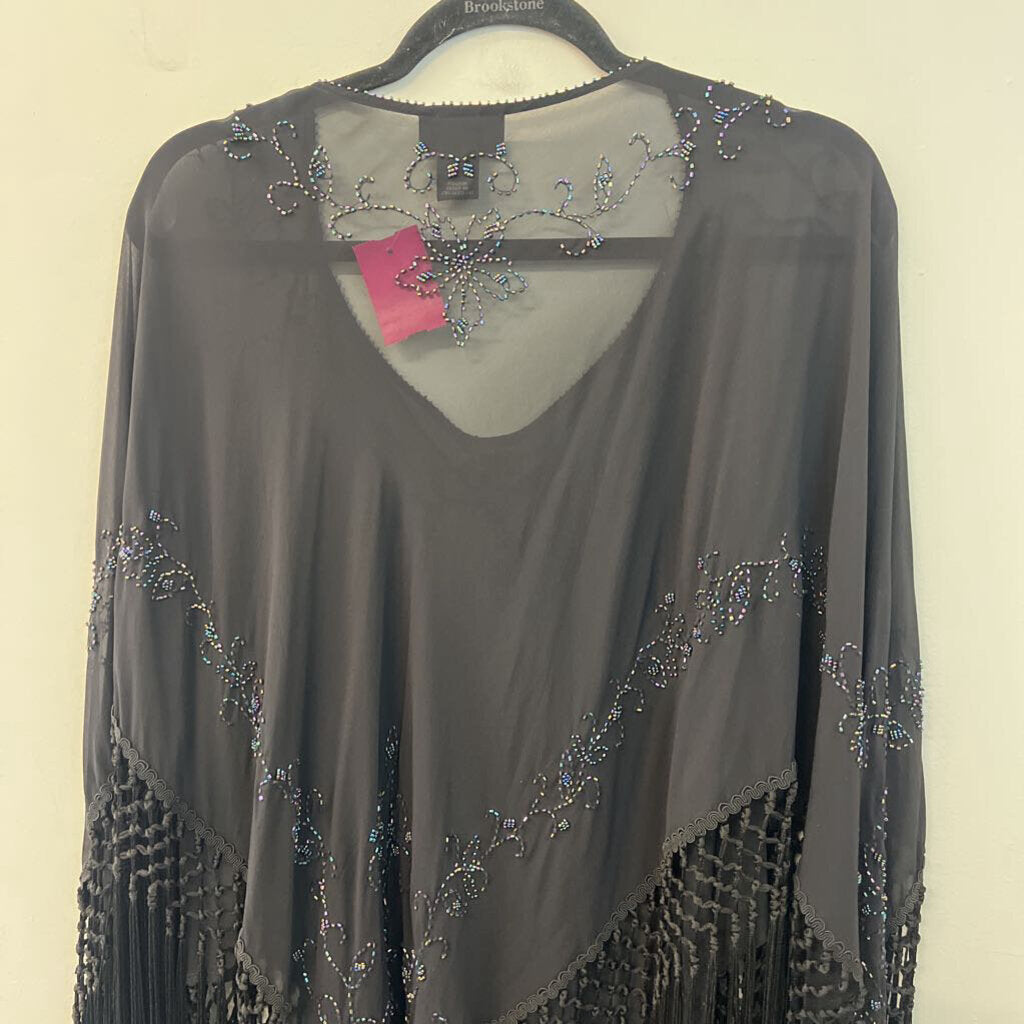 Lane Bryant Black Beaded Fringe Hem Poncho Top 14/20