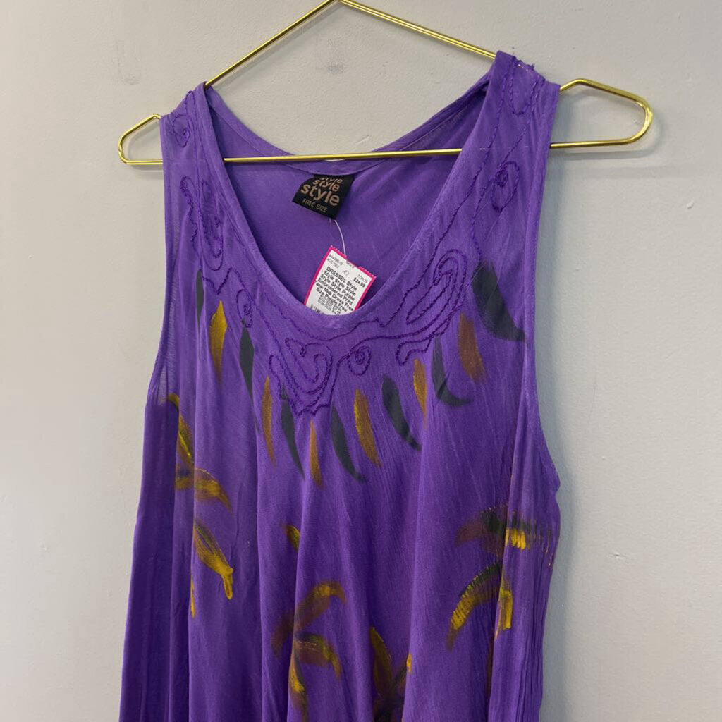 Style Style Style Purple Embroidered Print Tank Midi Dress Free Size