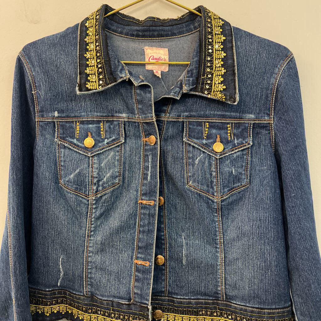 Candies Dark Wash Gold Embellished Denim Jacket Extra Large