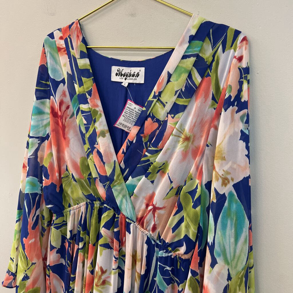 Meghan Los Angeles Blue/ Multi Flower Print Long Bell Sleeve Maxi Dress Large
