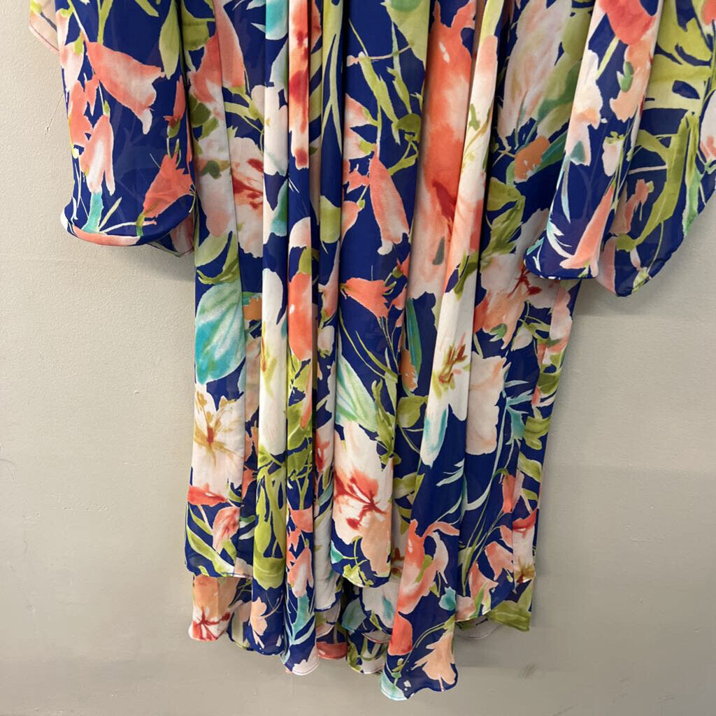 Meghan Los Angeles Blue/ Multi Flower Print Long Bell Sleeve Maxi Dress Large